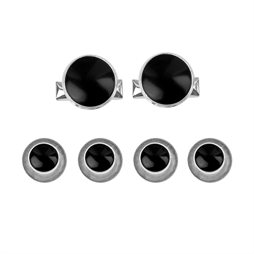 [Australia] - Tuxedo Shirt Studs and Cufflinks for Formalwear, Enamel with Metal Trim, 6 Piece Complete Set (4 Studs for Front, 2 Cufflinks for Sleeves) with 2 Backup Cufflinks, Stainless Steel and Enamel, 1-Set Black with Silver Color Trim 