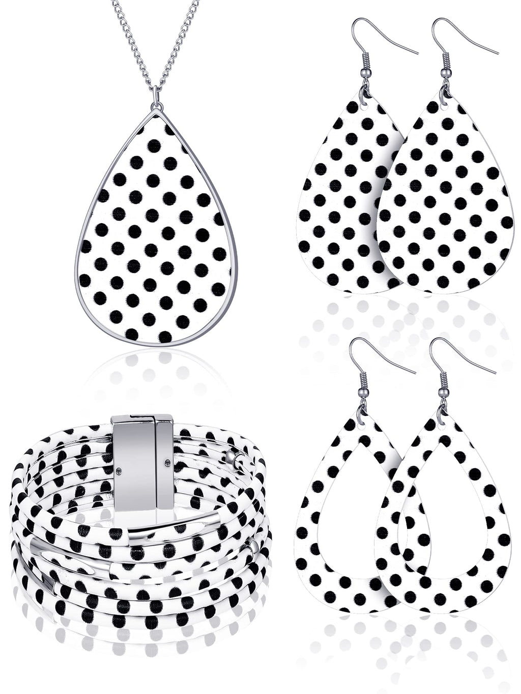 [Australia] - 4 Pieces Women's Jewelry Set Polka Dot Pattern Necklace Multi-Layer Bracelet and PU Leather Dangle Earrings Black 