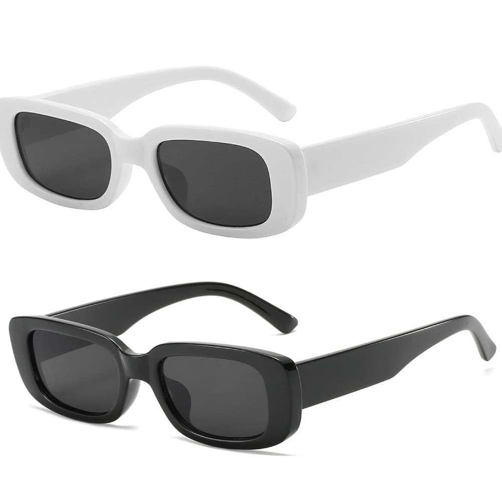 Dollger Rectangle Sunglasses for Women Retro Fashion Sunglasses UV 400  Protection Square Frame Eyewear 2pcs:black+white