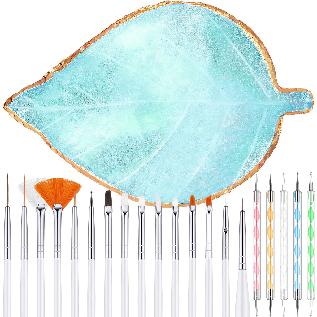 [Australia] - 21 Pieces Nail Art Tools Kit, Resin Nail Art Palette Leaf Shape Mixing Palette and 20 Pieces Nail Art Design Brushes Golden Edge Resin Nail Holder Nail Gel Polish Colors Mixing Pallet (Blue) Blue 