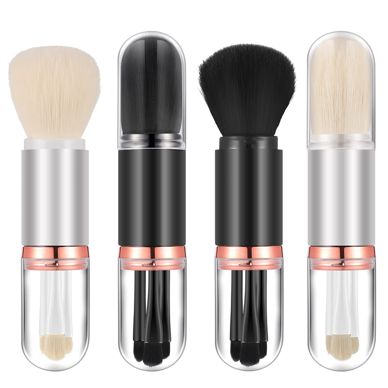 [Australia] - 2 Sets Small Makeup Brush Set 4 in 1 Makeup Brush Portable Travel Lip Brush Foundation Blending Powder Brush Retractable Mini Facial Cosmetic Makeup Brush Set (Black, White) Black, White 