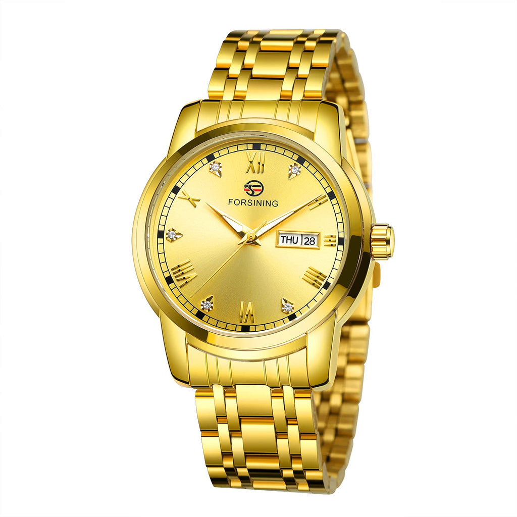 [Australia] - FORSINING Mens Automatic Watch Date Window Display Stainless Steel Watch Gold 