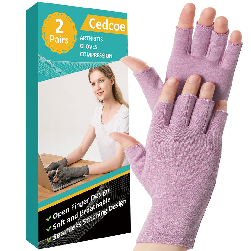 [Australia] - 2 Pairs Arthritis Compression Gloves for Relieve Rheumatoid Arthritis, Osteoarthritis, Carpal Tunnel, Joint Pain, Open Fingerless Gloves, Fit for Women and Men to Daily Work and Computer Typing (Purple, Medium) Purple 