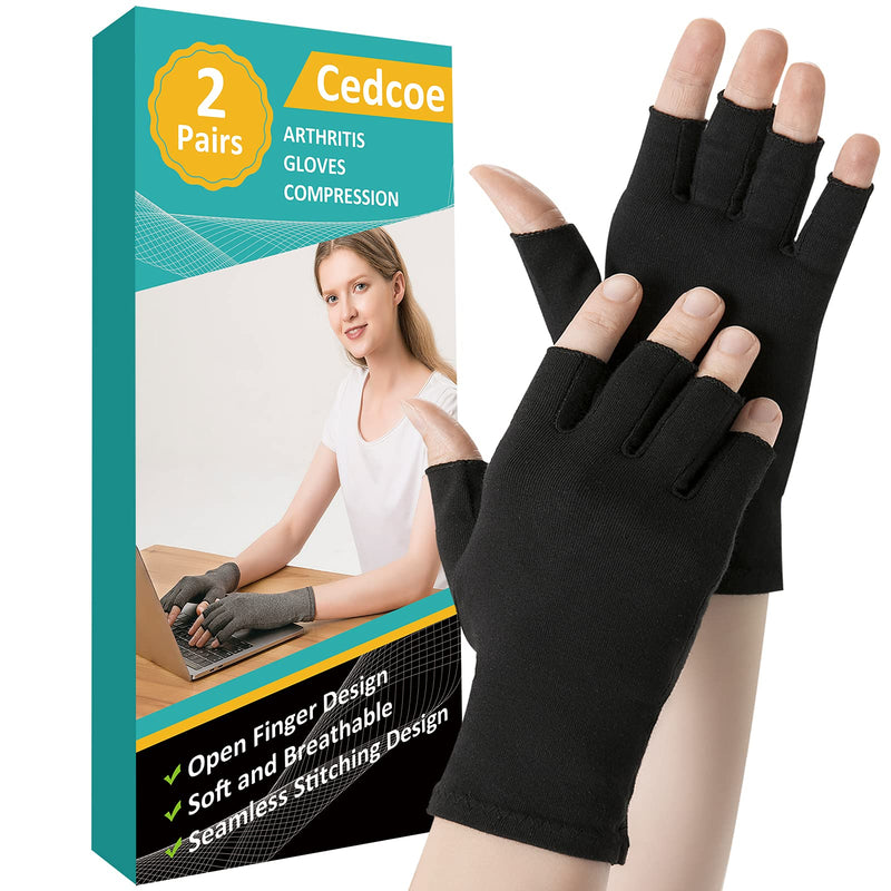 [Australia] - 2 Pairs Arthritis Compression Gloves for Relieve Rheumatoid Arthritis, Osteoarthritis, Carpal Tunnel, Joint Pain, Open Fingerless Gloves, Fit for Women and Men to Daily Work and Computer Typing (Black, Large) Black 