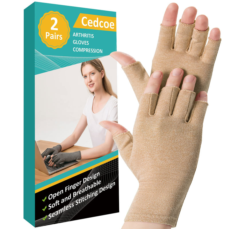 [Australia] - 2 Pairs Arthritis Compression Gloves for Relieve Rheumatoid Arthritis, Osteoarthritis, Carpal Tunnel, Joint Pain, Open Fingerless Gloves, Fit for Women and Men to Daily Work and Computer Typing (Coffee, Small) Coffee 
