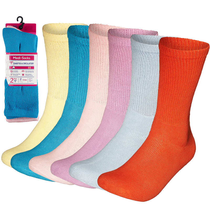 [Australia] - Special Essentials 6 Pairs Women Cotton Diabetic Socks Crew Non Binding Loose Fitting Variety Pack 