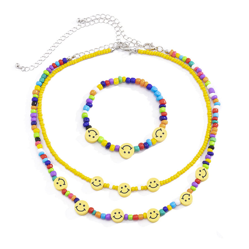 [Australia] - Boho Smiley Layered Beaded Necklaces with Strand Bracelet, Smile Face Star Fruits Flowers Heart Shape Beads Pearl Stackable Collar Necklace Anklet for Women Girls Vsco Summer Beach Trip A 3pcs smiley 