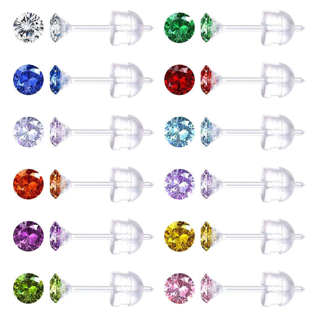 [Australia] - Jstyle 12Pairs Clear Plastic Stud Earrings for Women Acrylic Post for Sensitive Ears Cubic Zirconia Stud Earrings Birthstone Stud Earrings Set 2-8mm 2.0 Millimeters 