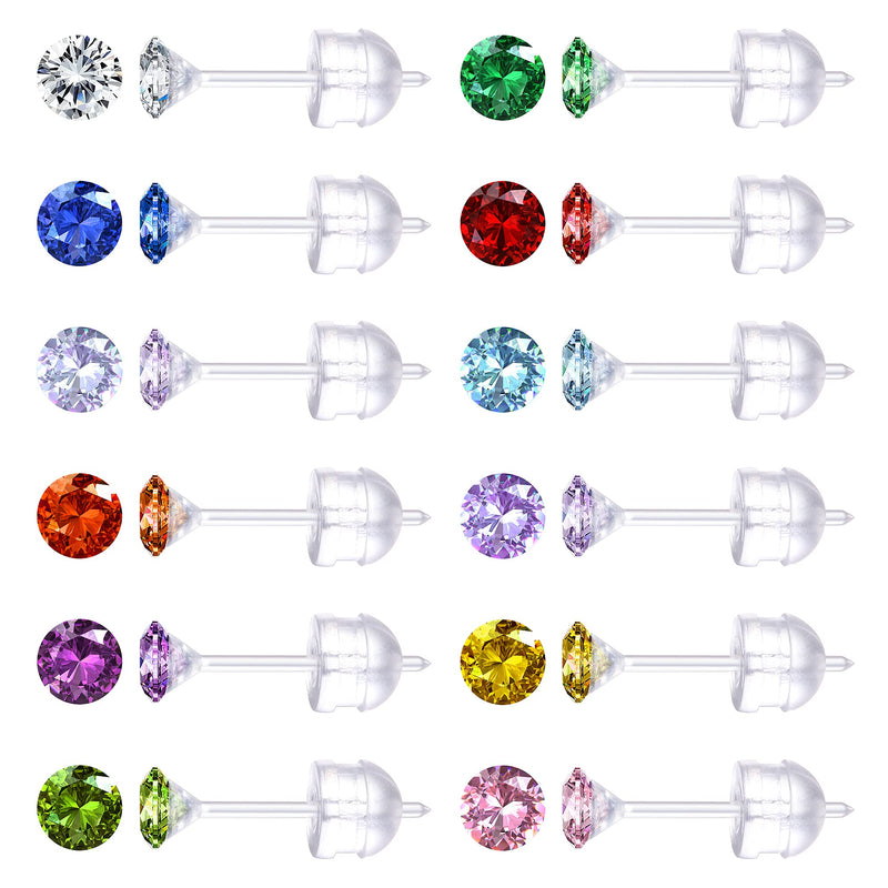 [Australia] - Jstyle 12Pairs Clear Plastic Stud Earrings for Women Acrylic Post for Sensitive Ears Cubic Zirconia Stud Earrings Birthstone Stud Earrings Set 2-8mm 2.0 Millimeters 