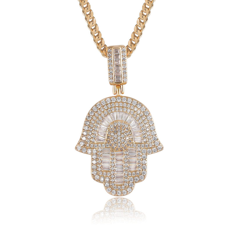 [Australia] - ZSLLZM Hip Hop 14K/white Gold Plated Micro Iced Out Hamsa Hands Pendant with 24" Franco Chain Necklaces for Men Women 