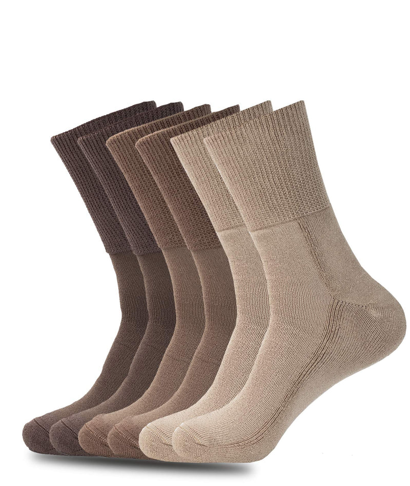 [Australia] - 1SOCK2SOCK Unisex 6 Pack Diabetic Organic Cotton Bamboo Crew Socks - Therapeutic, Non-Binding, Cushioning Brown Medium 