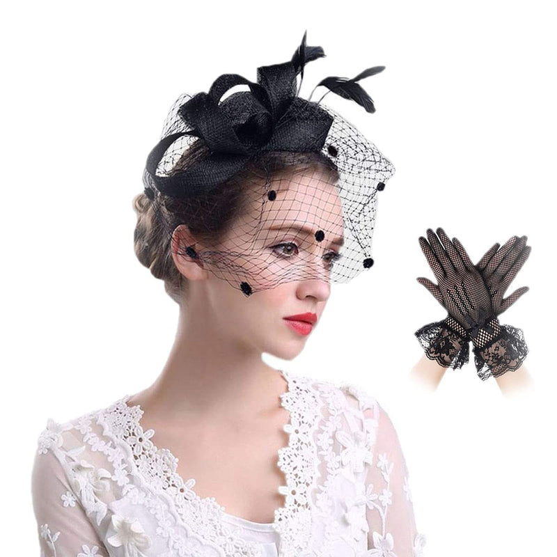 [Australia] - Orcle Fascinators Veil Derby Hat Tea Party Headwear Mesh Feathers Hair Clip and Lace Gloves #1black 