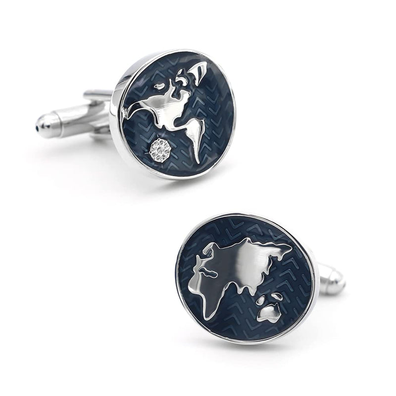 [Australia] - iGame Vintage Cuff Links Blue World Map Globe Design Quality Brass Material Cuff-links for Men with Gift Box 