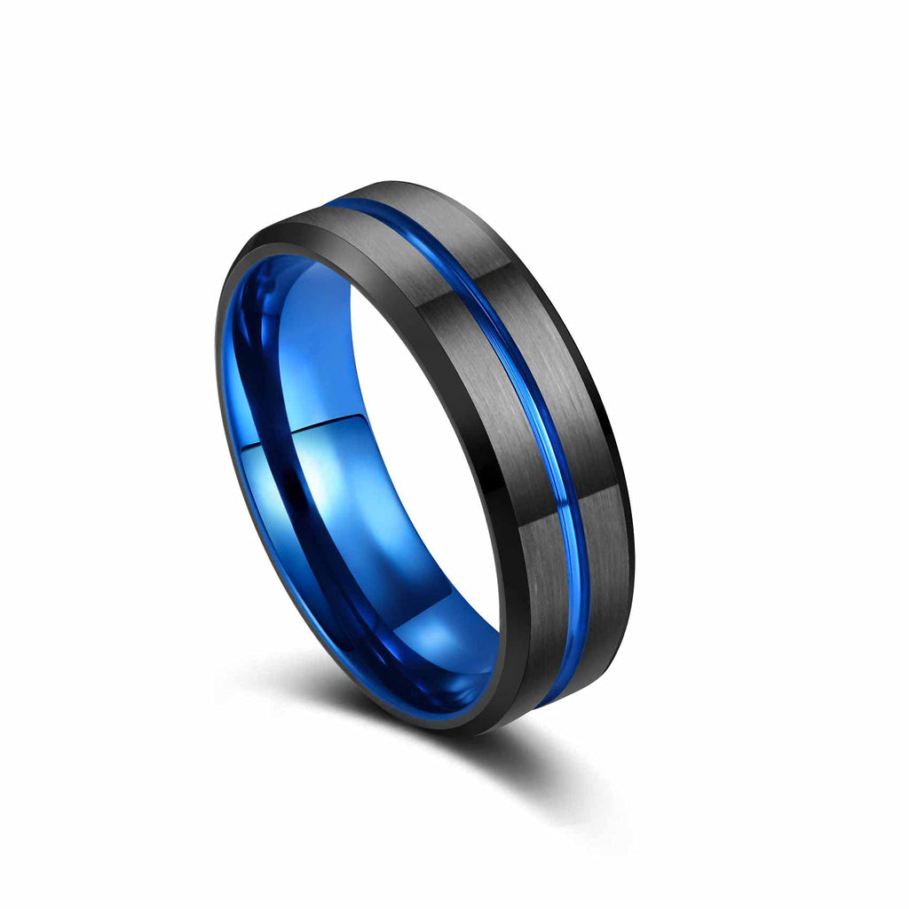 [Australia] - VQYSKO Men Tungsten Ring Wedding Band-Classic 8mm Step Edge , Matte Brushed Finish Centre Groove Comfort Fit , Thin Blue Size 5-15 Black Blue 