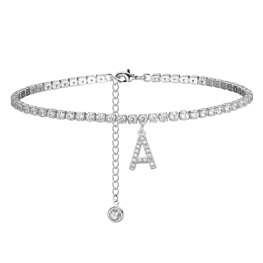 [Australia] - LNIEER Initial Ankle Bracelets for Women, White Gold Plated Dainty Tennis Chain CZ Letter Anklets Summer Jewelry Gifts for Women Teen Girls A-silver 