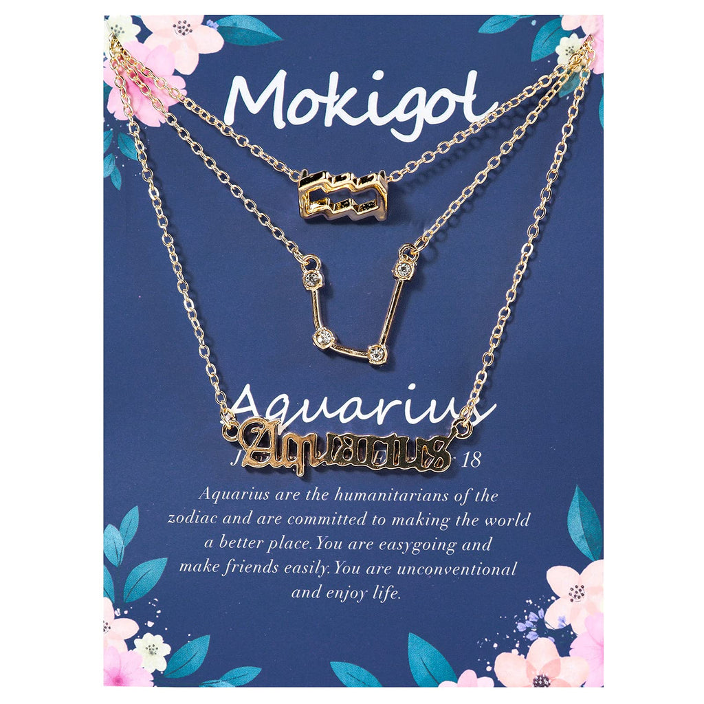 [Australia] - 3Pcs Zodiac Gold Layered Necklaces for Women, 12 Constellation Retro Gold Plated Pendant Necklace with Astrology Old English Zodiac Sign Necklace for Girls Birthday,Anniversary,Valentine's Day,Mother's Day Jewelry Gift Aquarius-Gold 