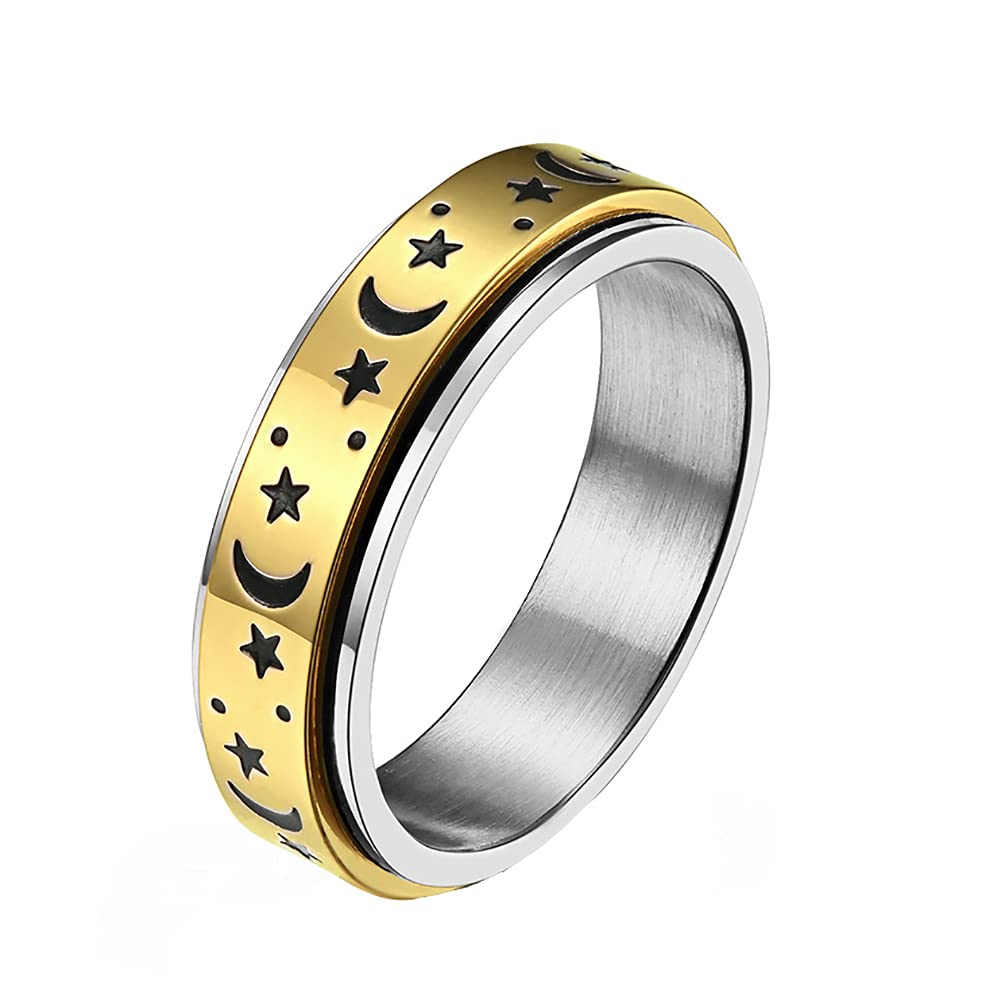 [Australia] - nylry Titanium Stainless Steel Spinner Rings Moon and Star Fidget Ring Stress Relieving Anxiety Ring Engagement Wedding Promise Band for Women Men Size 5-12 A Gold 5 (run small) 
