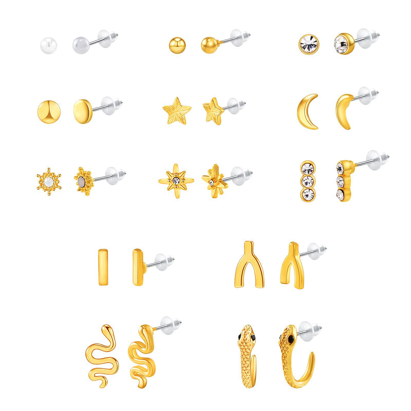 [Australia] - LANE WOODS Gold Stud Earrings for Women: Small Ball Bar Hypoallergenic Sets Ear Piercing Surgical Steel Earrings Studs 13 Pairs Different Designs Birthday Gifts for Girl Sensitive Ears 