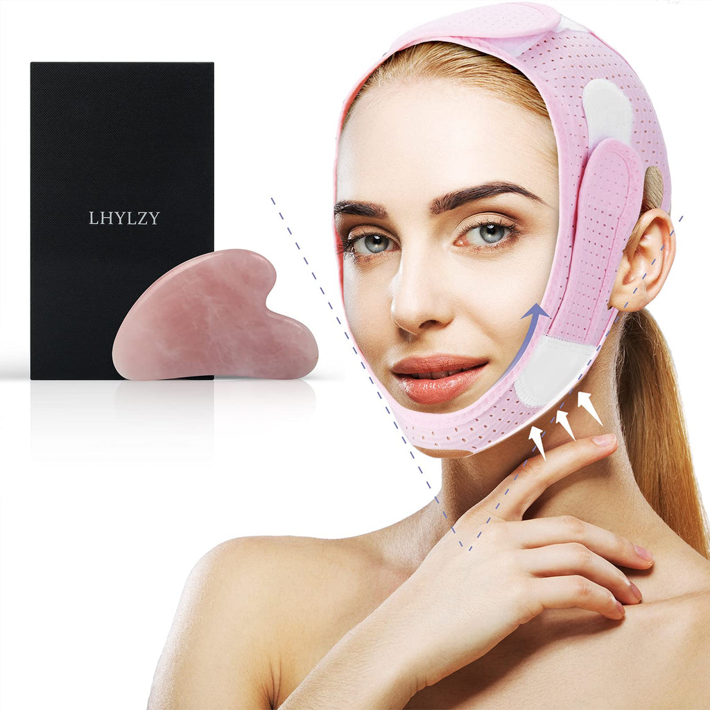 [Australia] - LHYLZY Double Chin Reducer, Gua Sha Facial Tools Sets, Natural Rose Quartz Jade Guasha Stones Tool for Face Eye Neck Body Massage Lymphatic Drainage, Face Slimming Strap V Line Lifting Mask For Women combination 
