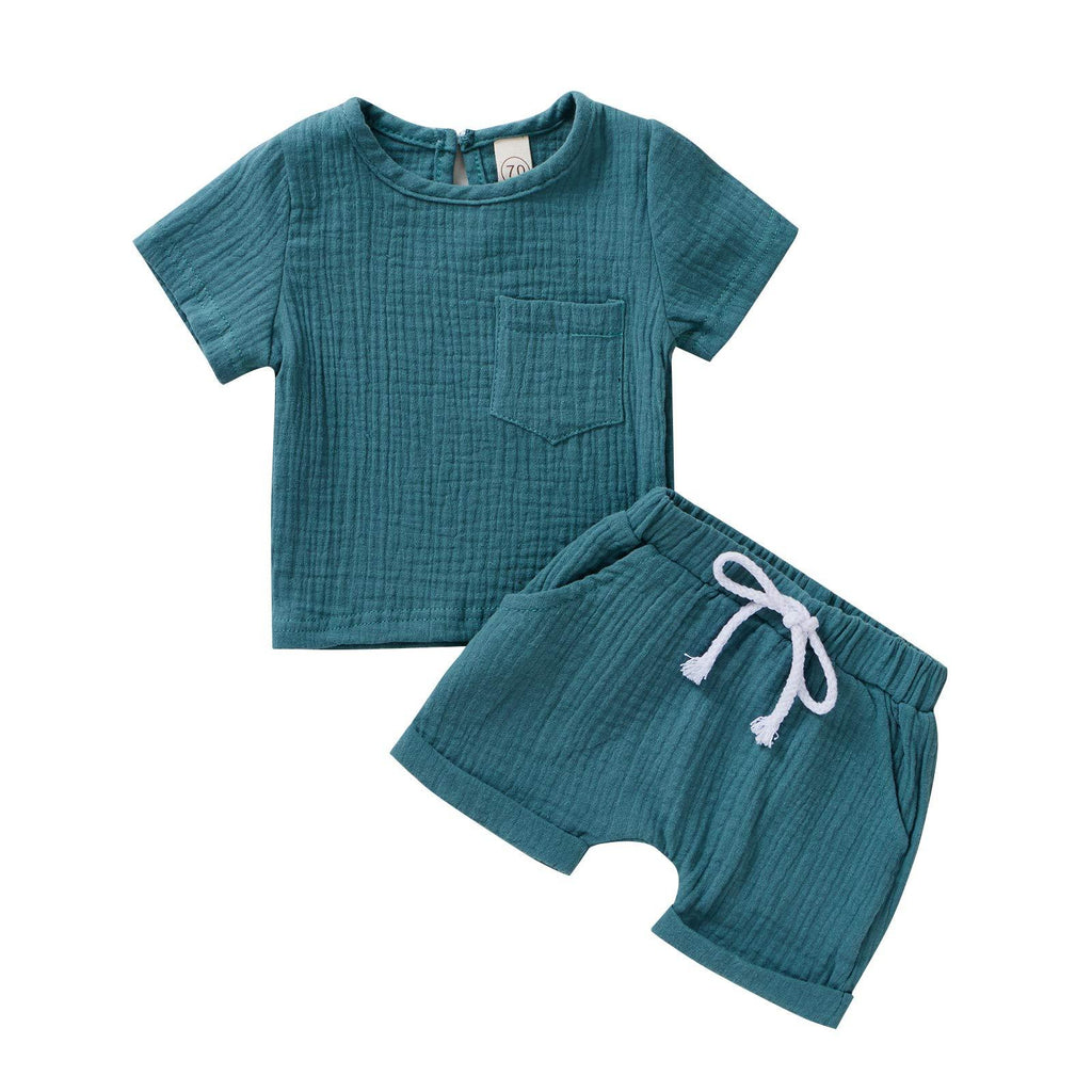 [Australia] - Summer Baby Boy Girl Clothes Set Unisex Infant Solid Color Short Sleeve T-Shirt and Shorts Outfits Blue 2 0-6 Months 