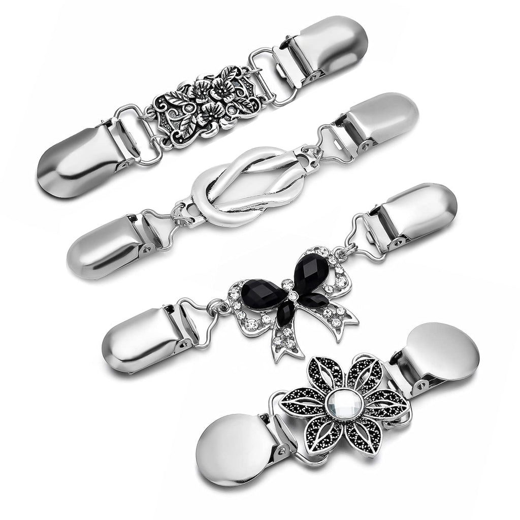 [Australia] - MJartoria 3PCS Tie Up Sweater Clip and Scarf Clip Set, Vintage Dress Clips Back Cinch Clip for Clothing, Shawl Clasps, Ladies Dress Chain Cardigan for Women Bow+Carved Flower-4PCS 