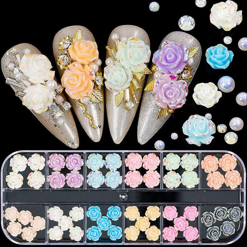 [Australia] - 54Pcs 3D Flower Nail Charms Acrylic Resin Rose Flower 3D Nail Art Charms AB Color Kawaii Nail Charms Flat Flowers for Nails Accessories Supplies DIY Jewelry Craft S1 