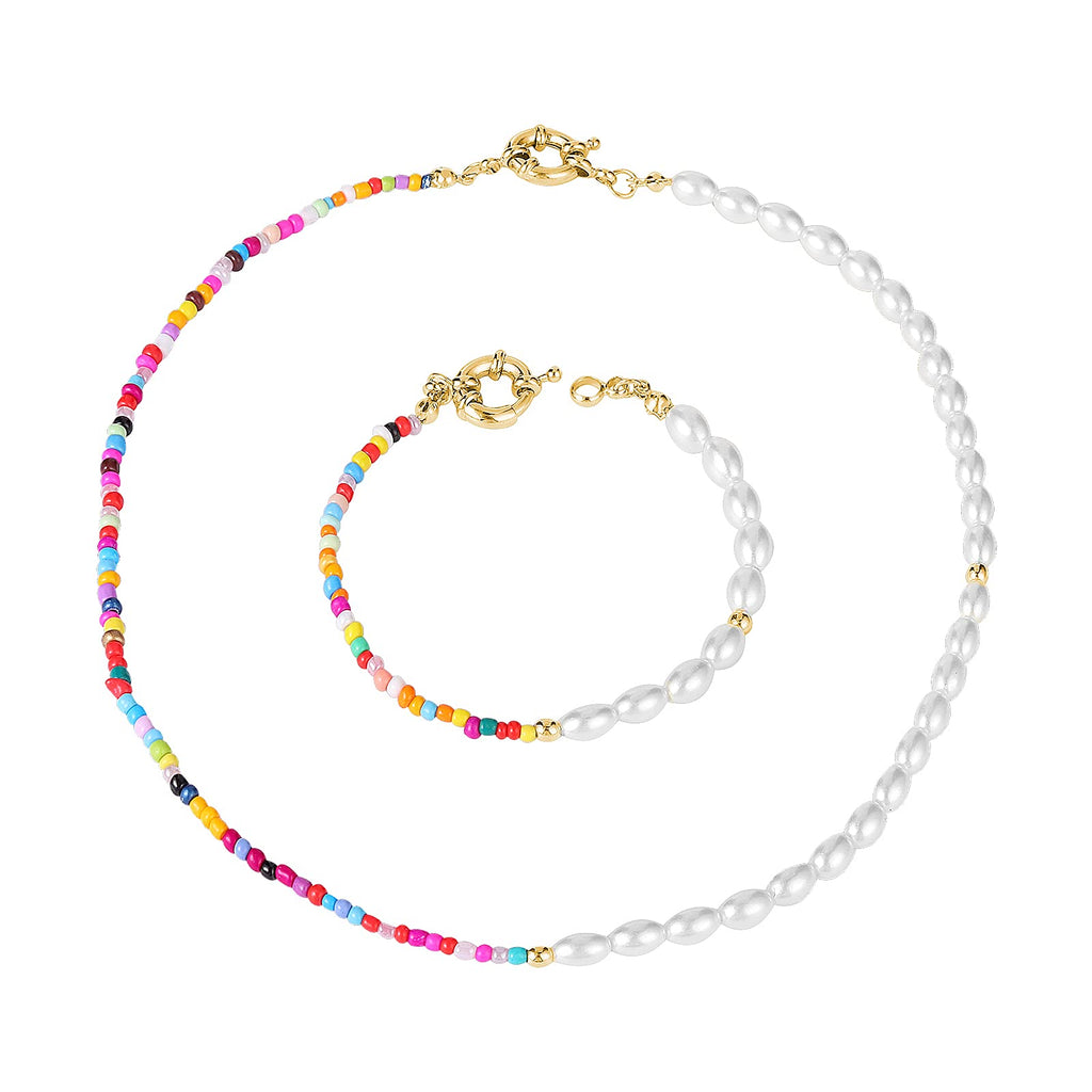 [Australia] - Bohemian Pearl Beaded Choker Necklace Bracelet Set for Women Handmade Colorful Summer Seed Bead Pearl Necklace Bracelet Set Sandy Beach Bracelet Necklace Gold-Tone 