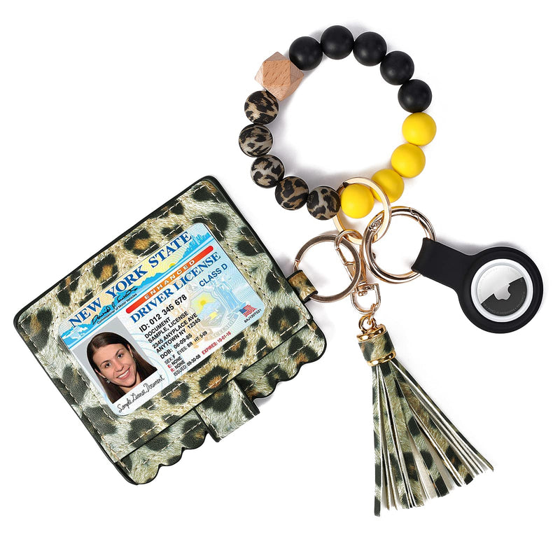 [Australia] - Silicone Beaded Bracelet Keychain with Airtag Case and Card Case Holder Wallet Black/Yellow/Leopard Print 