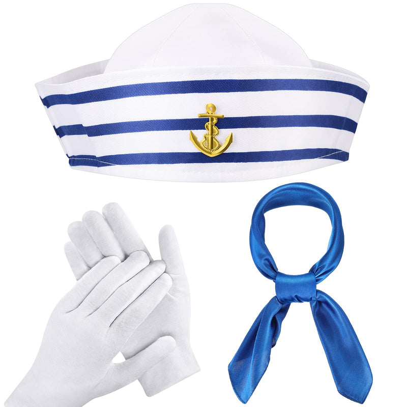 [Australia] - 3 Pieces Blue with White Sailor Hat Navy Sailor Yacht Hat Blue Satin Scarf Silk Feeling Sailor Neck Scarf White Sailor Gloves Set for Costume Party Accessory 