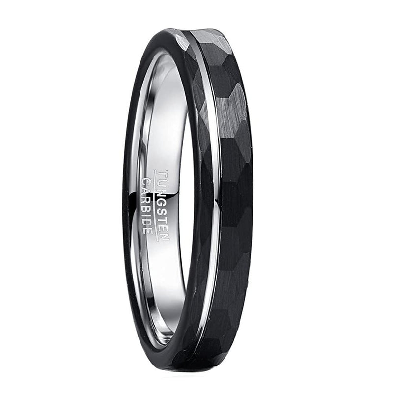 [Australia] - Corato 4mm Black Hammered Brushed Finish Tungsten Carbide Wedding Band Ring with Silver Grooved Comfort Fit Size 5-12 
