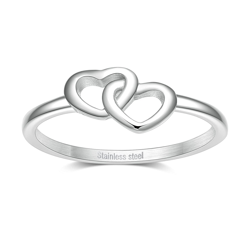 [Australia] - Greenpod Stainless Steel Rings for Women Girls Silver Simple Double Open Heart Love Rings Polished Thin Dainty Wedding Band Size 4-12 
