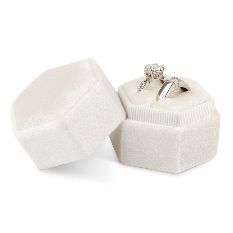 [Australia] - DesignSter Hexagon Velvet Ring Bearer Box - Premium Gorgeous Vintage Double Ring Display Holder with Detachable Lid for Proposal, Engagement, Wedding, Ceremony (Beige) Beige 