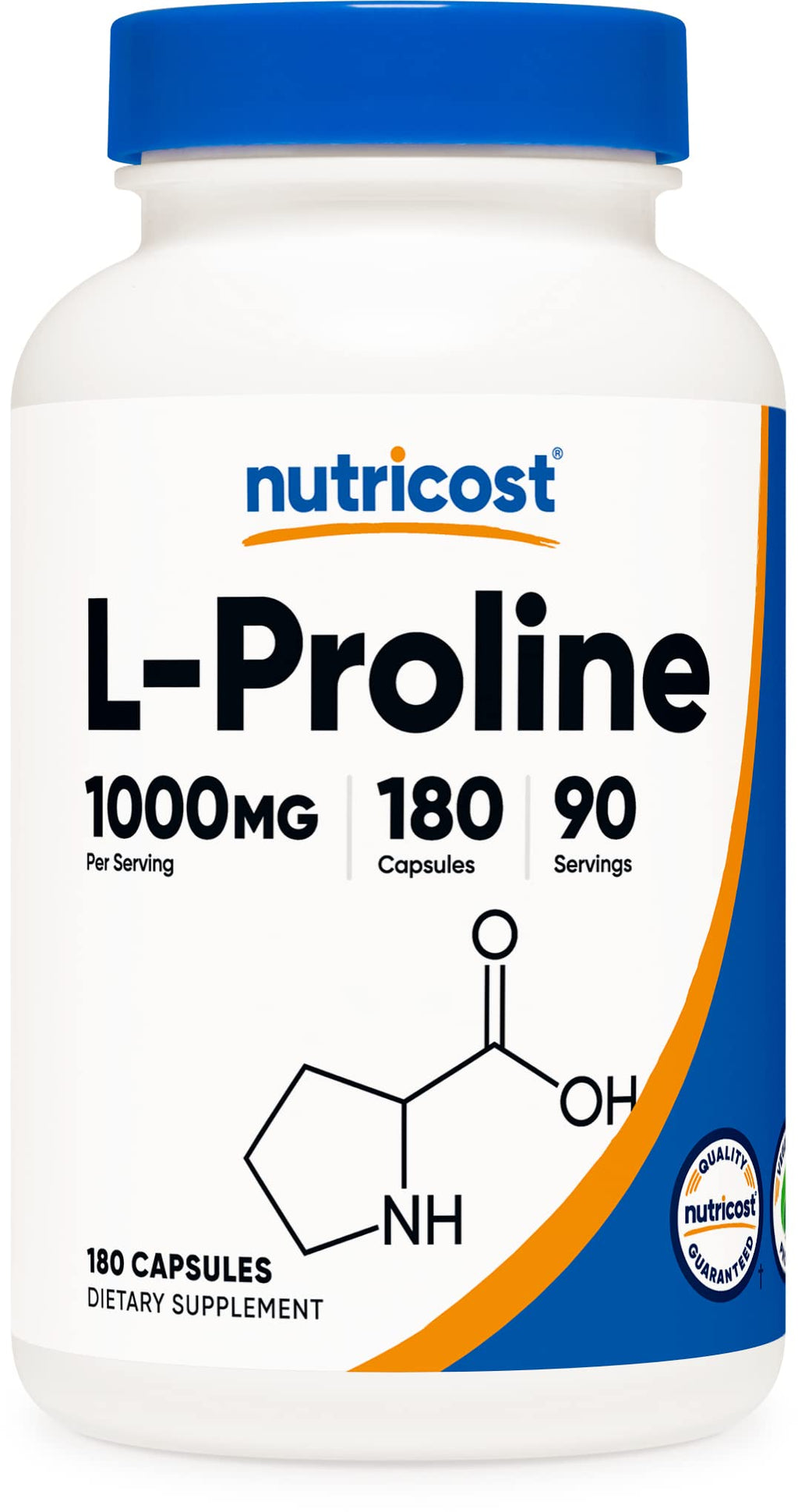 [Australia] - Nutricost L-Proline 1000mg, 180 Capsules (90 Servings) - 500mg Per Cap, Non-GMO, Gluten Free 