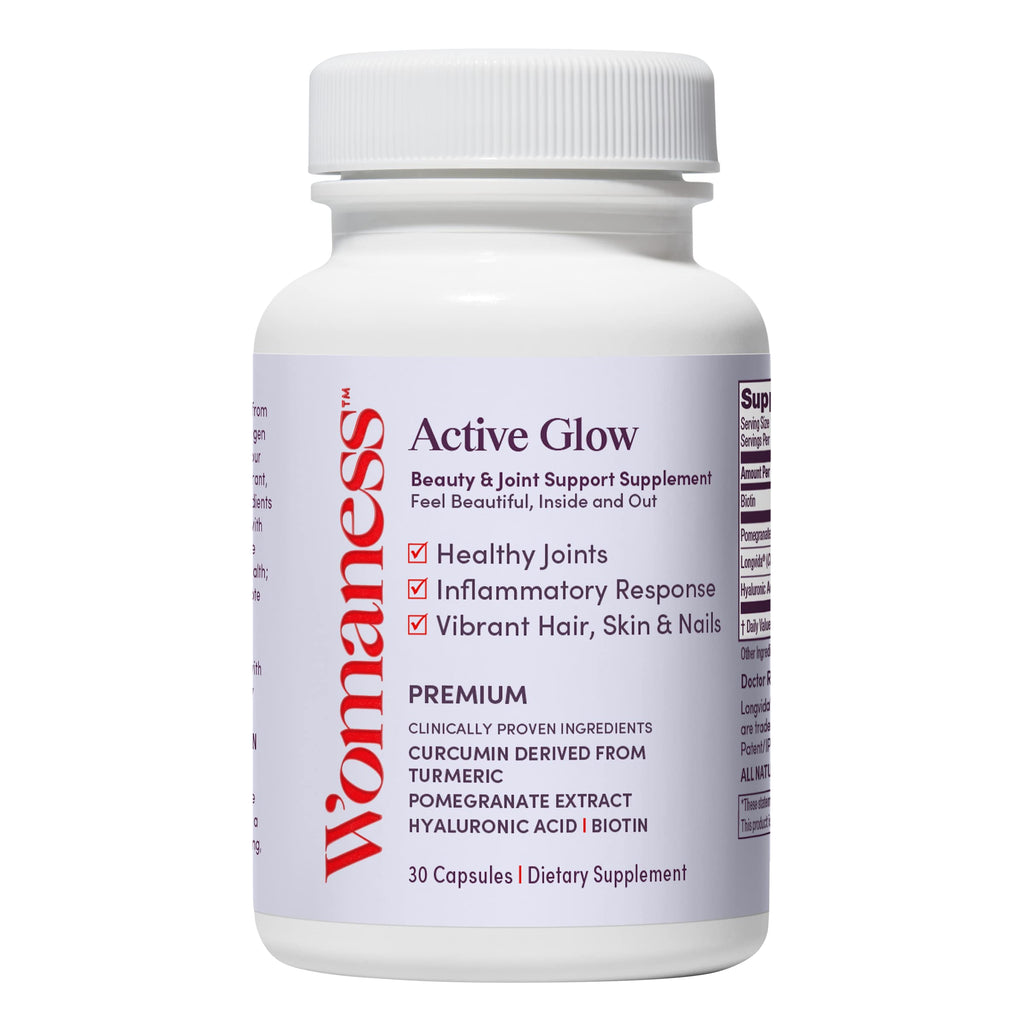 [Australia] - Womaness Active Glow - Support Hair, Skin, Nails & Healthy Joints - Curcumin, Antioxidants, Pomegranate, Biotin & Hyaluronic Acid Supplement - Menopause Supplements for Women - Vegan (30 Capsules) 