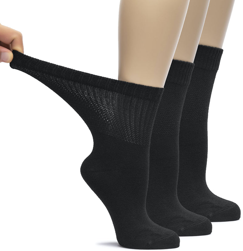 [Australia] - Hugh Ugoli Women's Bamboo Loose Fit Diabetic Crew Socks, Soft, Seamless Toe, Wide Stretchy, Non-Binding Top, 3 Pairs 10-12 Black 