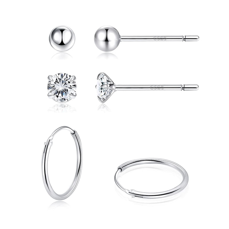 [Australia] - Sterling Silver Hoop Stud Earrings Sets for Women: Hypoallergenic Small Tiny Ball Stud CZ Dainty Endless Hoops Earrings Piecing Jewelry for Women Girl Sensitive Ears 