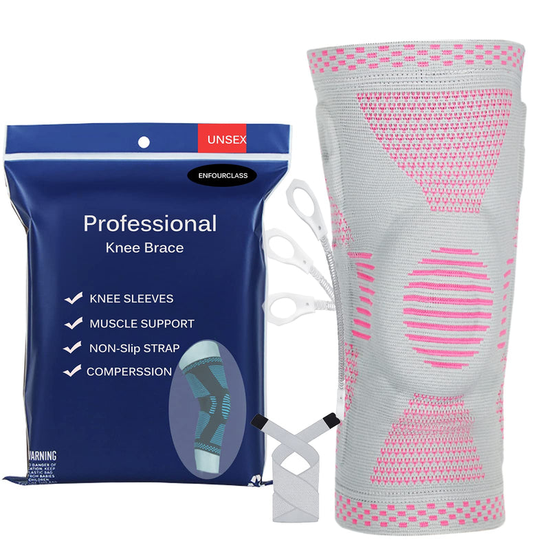[Australia] - Knee Brace Compression Sleeve with Strap Support -for Joint Pain and Arthritis Relief, Improved Circulation Compression for Meniscus Tear, Running, Basketball for Men & Women - Wear Anywhere - Single Medium grey/pink 