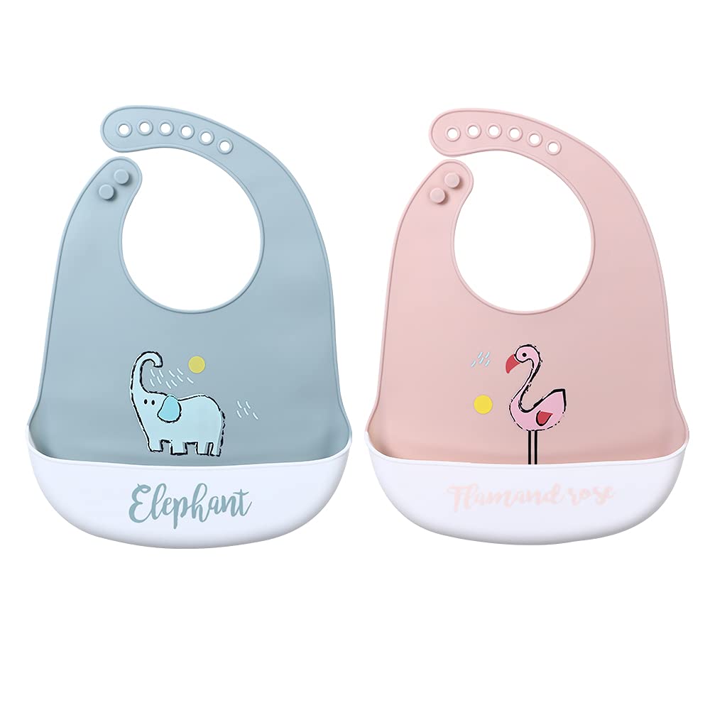 [Australia] - Food Grade Silicone Baby Bibs with Food Catcher Pocket,BPA Free,Waterproof,Soft Toddler Bibs for Boy and Girl,Set of 2 Elephant/Flamingo 