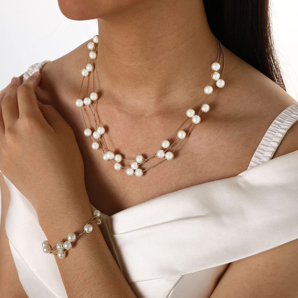 [Australia] - Evazen Bride Wedding Jewelry Set Pearl Necklaces With Earrings Bracelet Bridal Layered Chain Jewelry Accessories for Women and Girls 