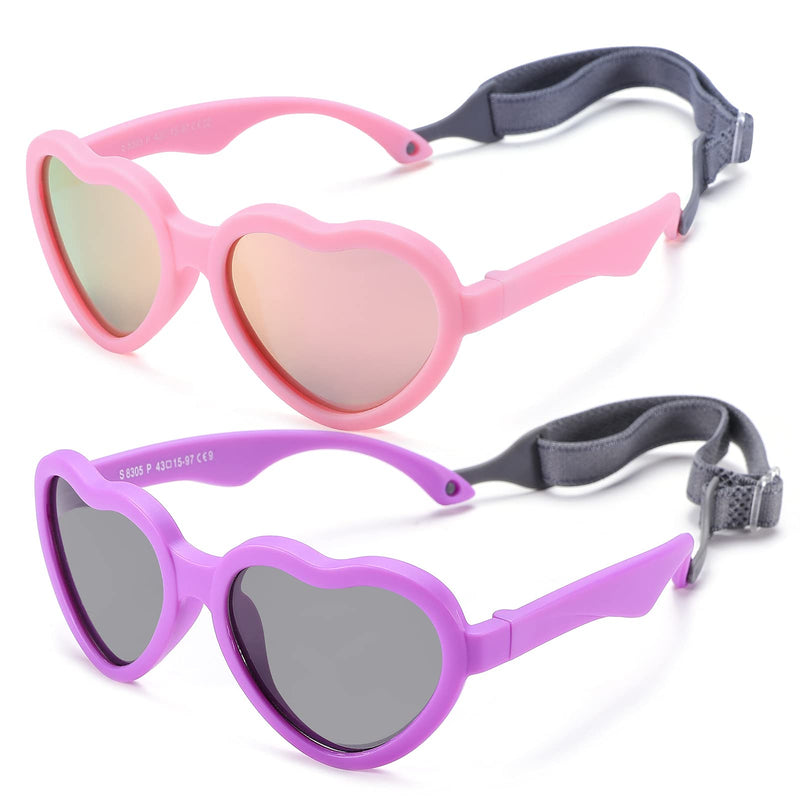 [Australia] - Baby Heart Sunglasses with Strap Toddler Shades for Girls Boys, 100% UV Protection - Age 0-24 Month 2 Pack (Pink/Pink Mirror + Purple/Gray) 