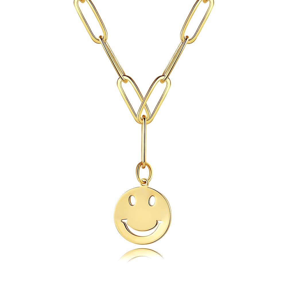 [Australia] - Smiley Face Necklace Cute Round Stainless Steel Smile Face Pendant Gold Smiley Face Necklace For Women Girls Paperclip Chain 