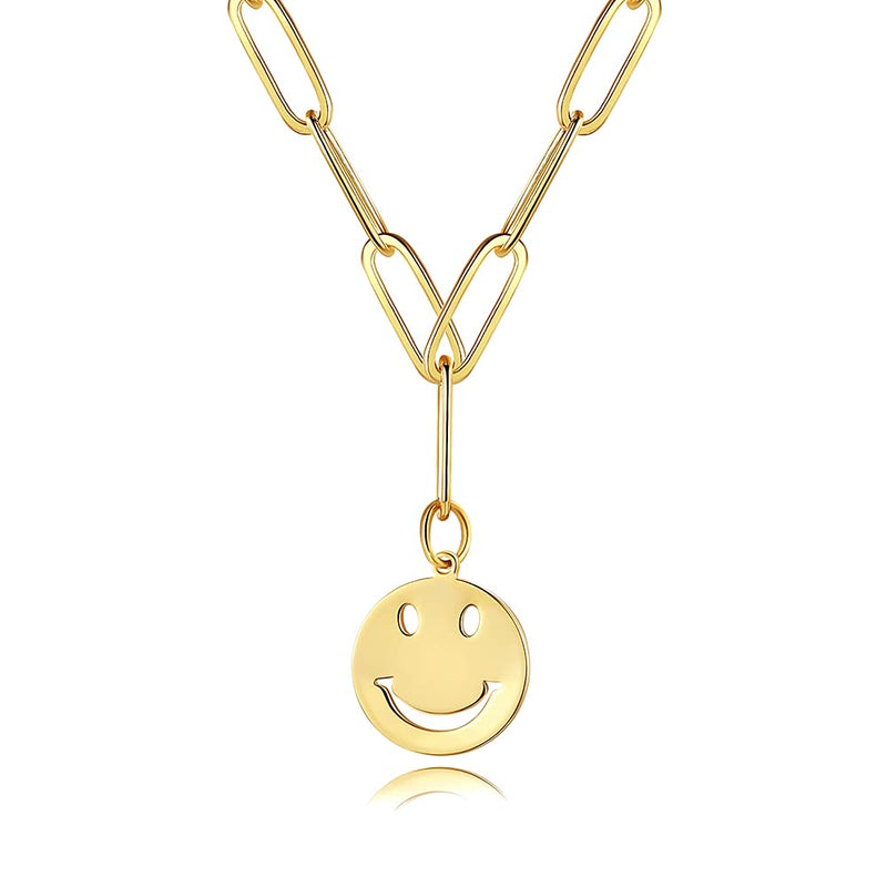 [Australia] - Smiley Face Necklace Cute Round Stainless Steel Smile Face Pendant Gold Smiley Face Necklace For Women Girls Paperclip Chain 