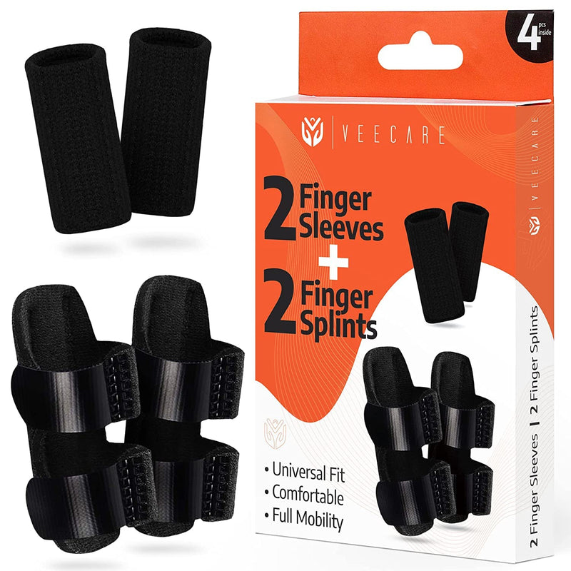 [Australia] - Veecare Trigger Finger Splints for Broken Fingers - Set of 2 - Brace joint Support - Finger Cast with additional 2- Nylon Finger Sleeves - Straightening Arthritis 