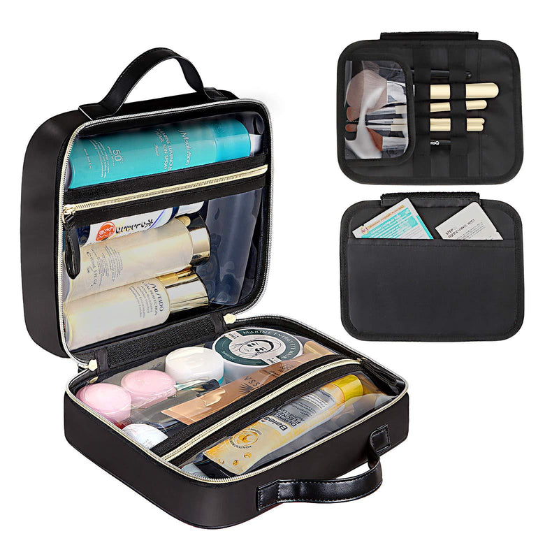 [Australia] - DIMJ Cosmetic Bag, Travel Makeup Bag Double-sided Makeup Case Organizer with Zipper Portable Artist Storage Bag Waterproof Storage Case for Cosmetics, Brushes, Toiletry (black) Black and Clear 