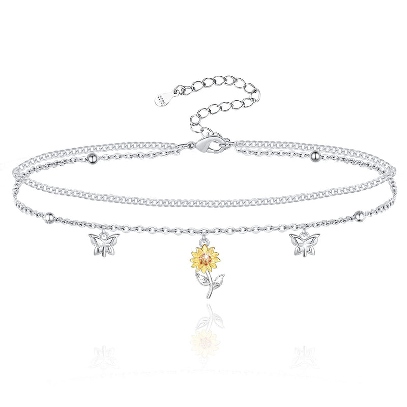 [Australia] - Hxillery Anklet for Women 925 Sterling Silver Butterfly Sunflower Cross Cat Fish Star Double Layered Anklets Bracelet Gifts Simple Dainty Beach for Teen Friends Girls A-Sunflower and Butterfly 