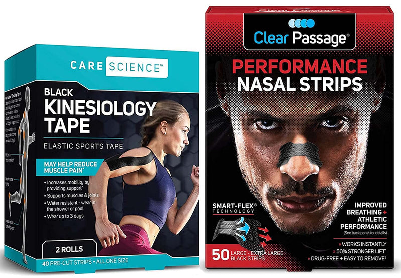 [Australia] - Care Science Waterproof Kinesiology Tape, 40 ct, Precut Strips (2 Rolls), Black + Clear Passage Performance Nasal Strips for Athletes, Black, 50 Count Bundle 