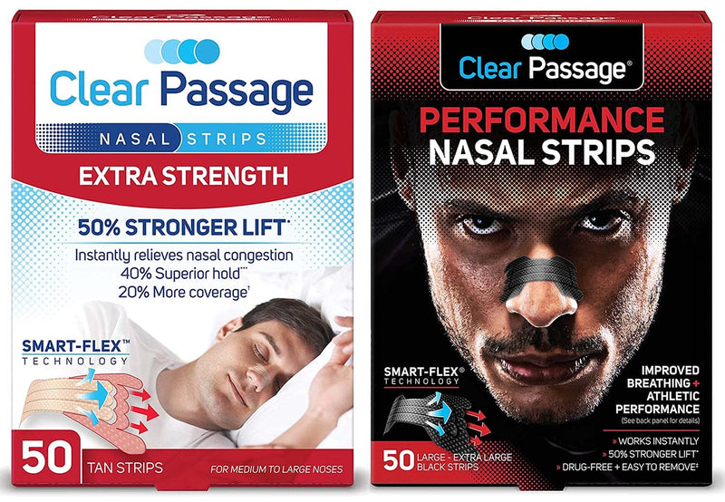 [Australia] - Clear Passage Nasal Strips Extra Strength, Tan, 50 Count + Performance Nasal Strips for Athletes, Black, 50 Count Bundle 