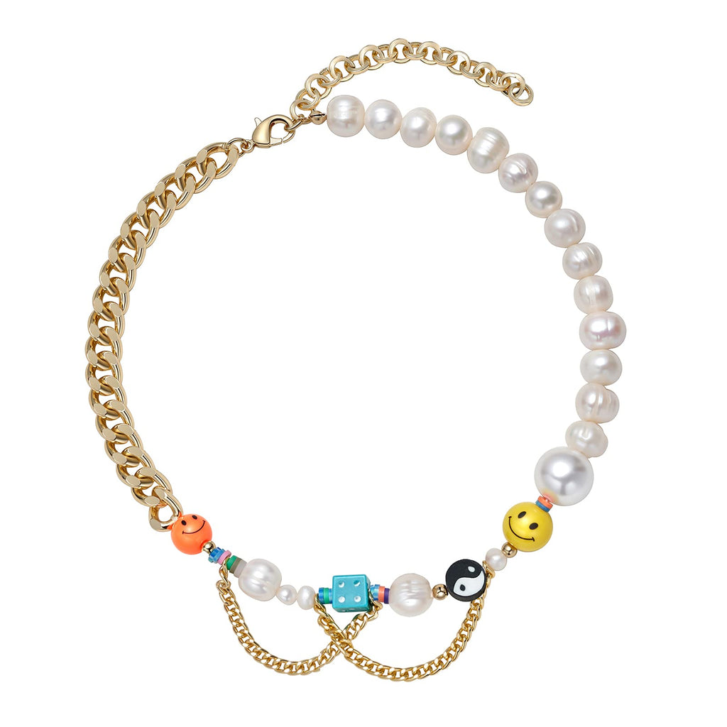 [Australia] - Happy Go Lucky Necklace Smiley Face Pearl Chain Necklace Y2k Yin Yang Rainbow Polymer Clay Beads Cute Creative Handmade Bohemia Charm Choker Necklace For Women Girls 