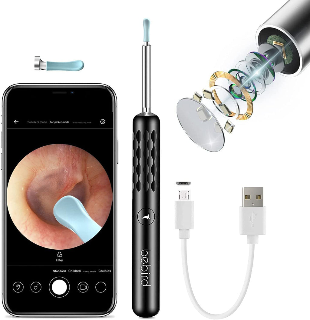 [Australia] - BEBIRD® R3 Ear Wax Removal Cleaner,0.15inch 1080P HD Ear Camera Lens with 6 LED Lights Intelligent Otoscope for iPhone, Android Phone(Black) Dark Black 