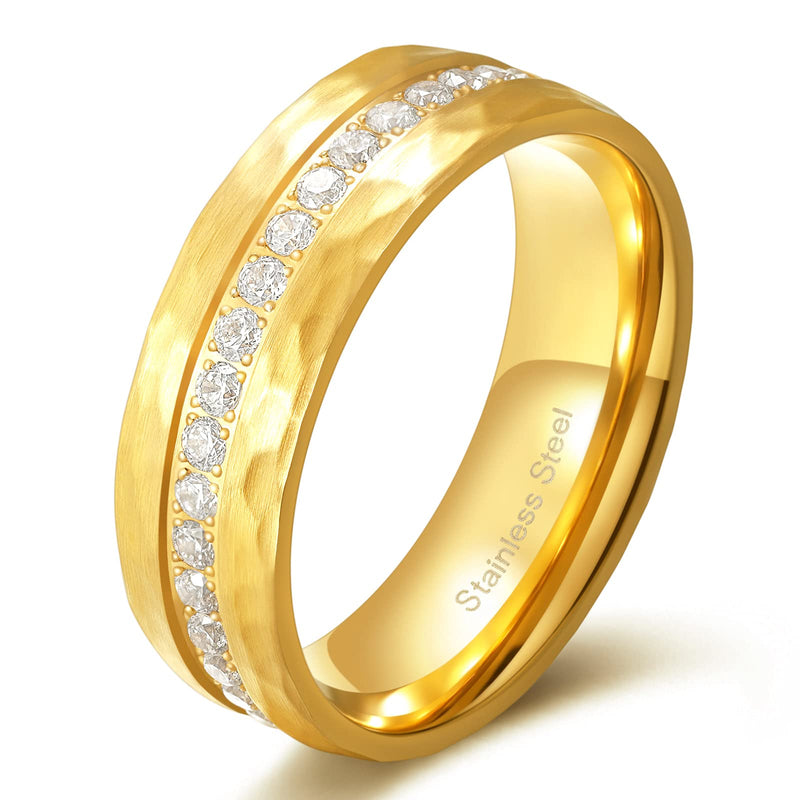 [Australia] - Monkton 8MM 18k Gold Stainless Steel Hammered Ring for Men Half Cubic Zirconia Engagement Wedding Bands Size 7-13 8mm CZ 